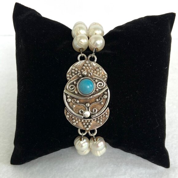 Sterling Silver 925 Two Strand Baroque Pearl Turquoise Bali Clasp Bracelet - Picture 5 of 16
